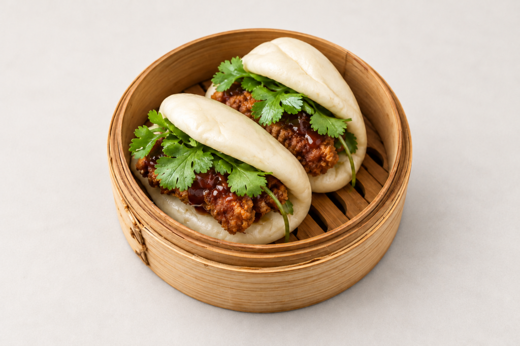 Crispy chicken bao buns in a bamboo steamer on a light warm gray background at IN RAMEN