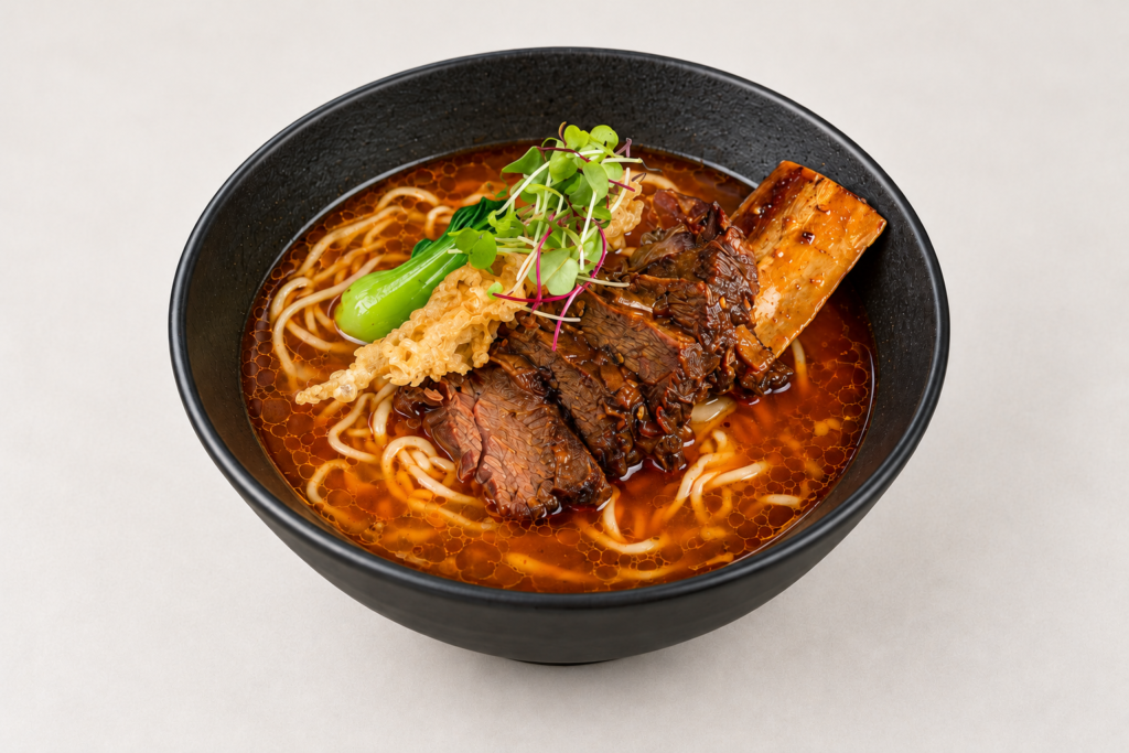 Beef short rib ramen in a black bowl on a light warm gray background at IN RAMEN