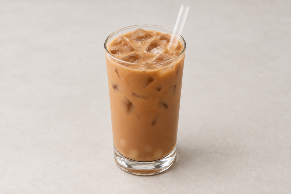 Brown iced milk tea with a small amount of white tapioca pearls in a tall glass at IN RAMEN