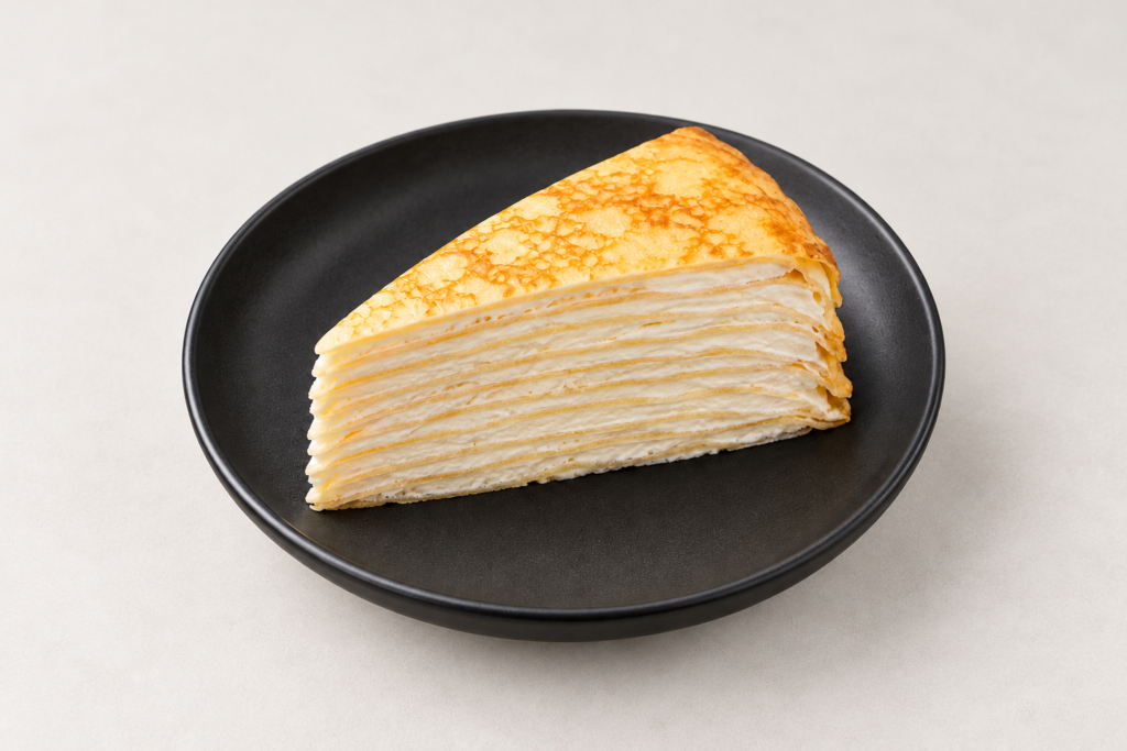 Vanilla crepe cake on a black plate and light warm gray background at IN RAMEN