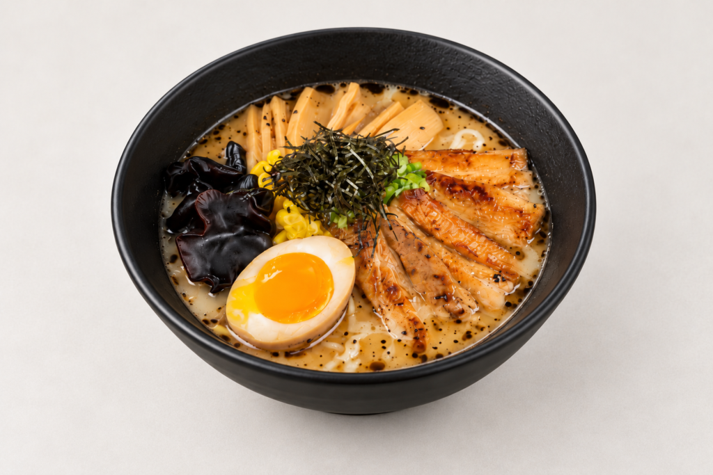 Chashu ramen in a black bowl on a light warm gray background at IN RAMEN