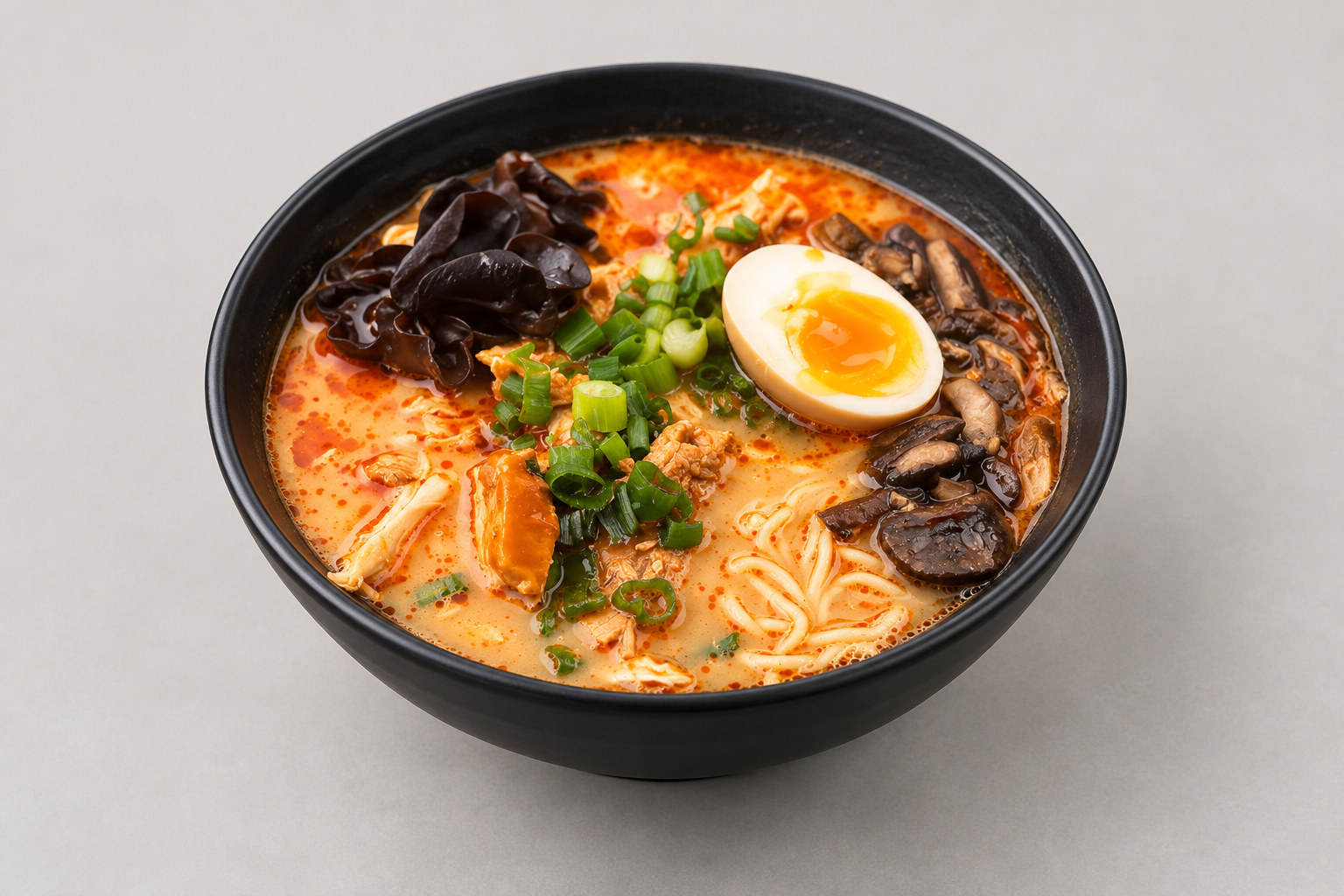 Sample spicy chicken ramen with egg and mushrooms