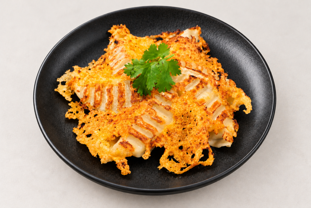 Chicken gyoza with Parmesan cheese crust on a black plate and light warm gray background at IN RAMEN