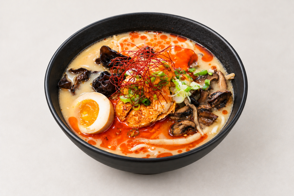 Spicy chicken ramen in a black bowl on a light warm gray background at IN RAMEN