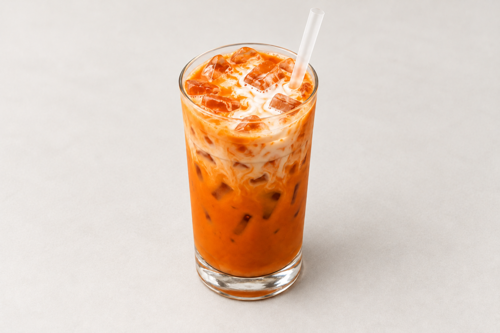 Iced Thai milk tea in a glass on a light warm gray background at IN RAMEN